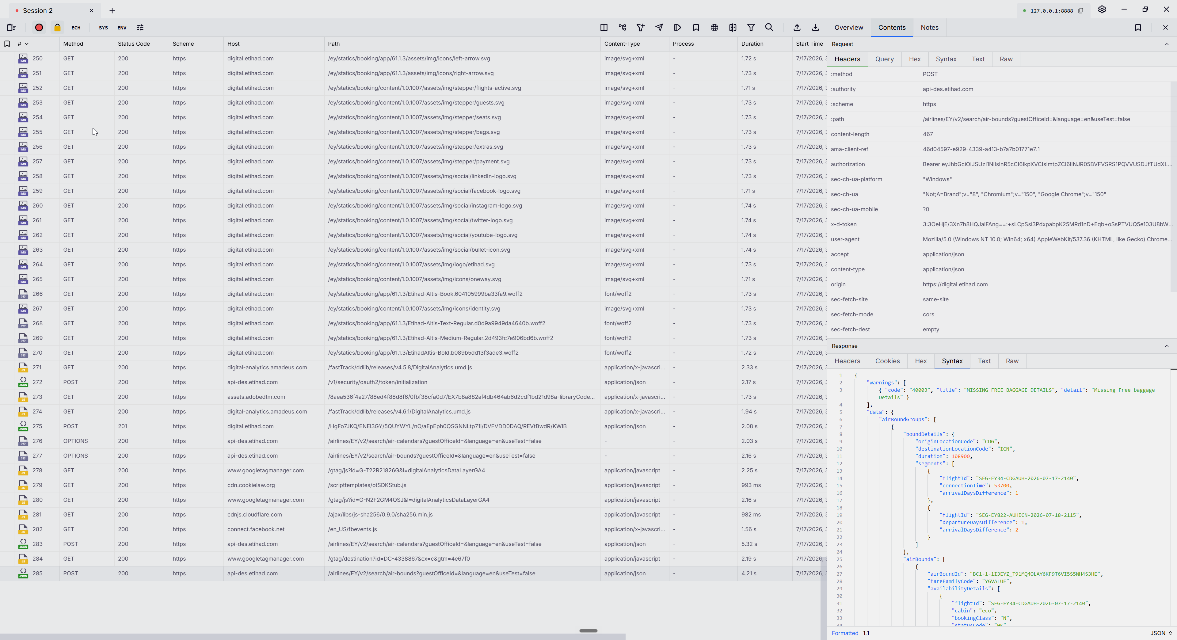 powhttp showing the recorded Etihad session: the reese84 bootstrap requests and the api-des air-bounds call.