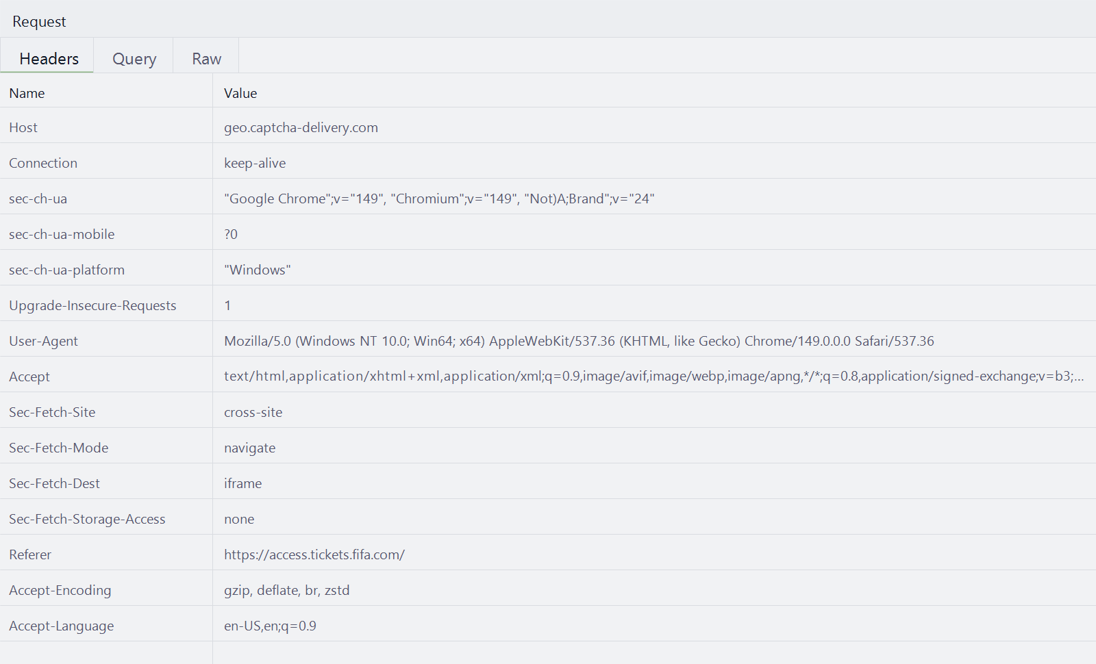 Incognito request to geo.captcha-delivery.com showing Sec-Fetch-Storage-Access set to none.