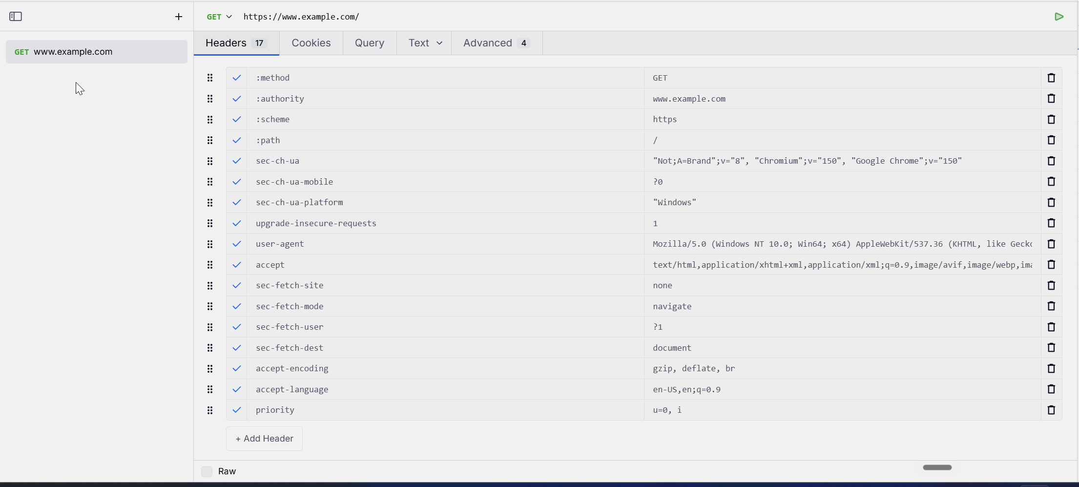 The powhttp composer prefilled with a captured request, headers editable, ready to resend.