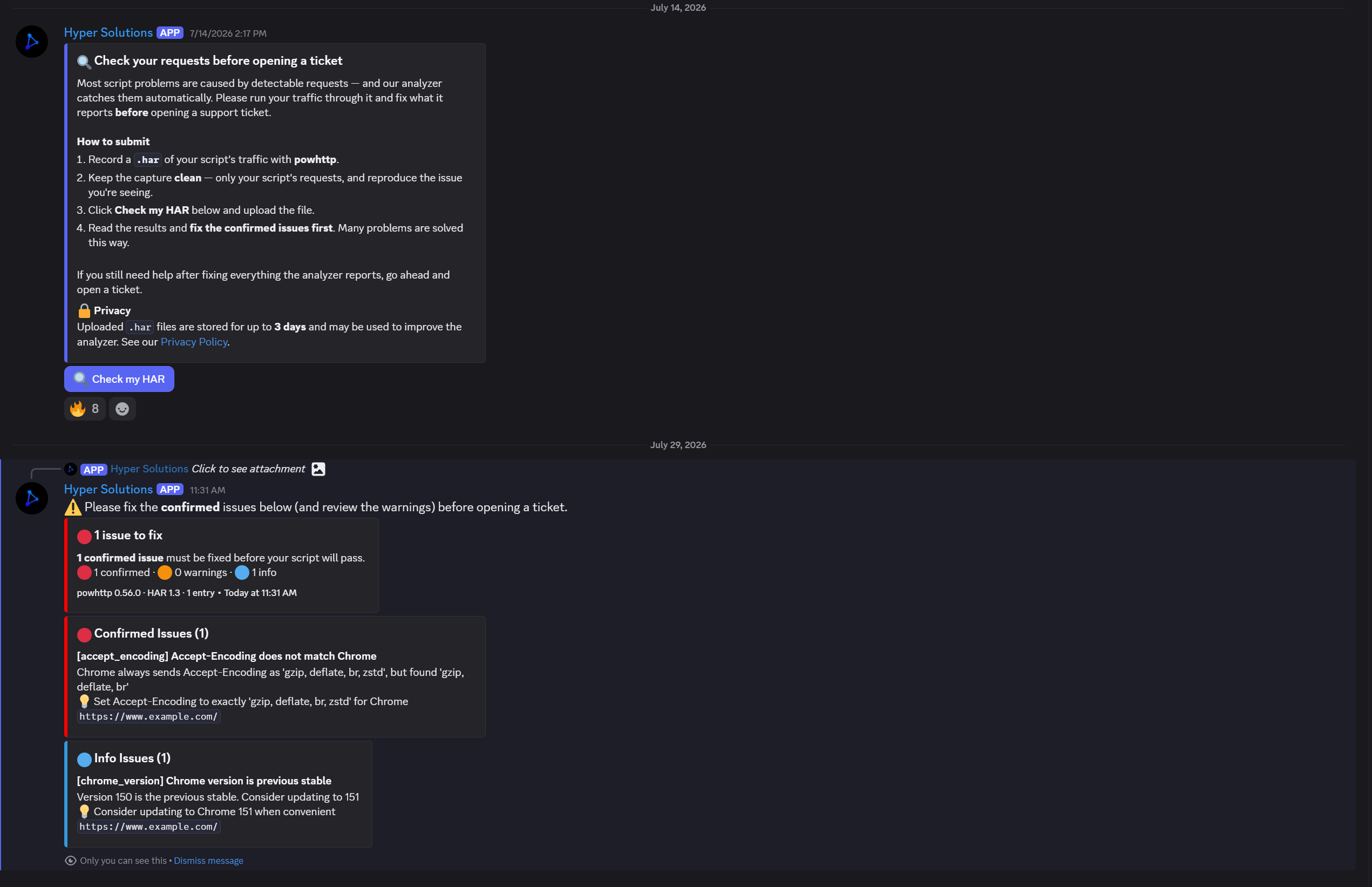 The HAR analyzer replying in Discord with the accept-encoding zstd issue.