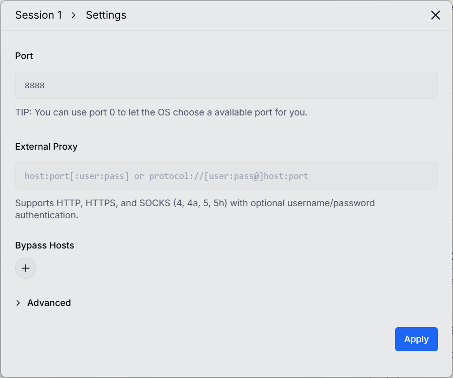 Per-session upstream proxy in powhttp, pointed at the same proxy the scraper uses.