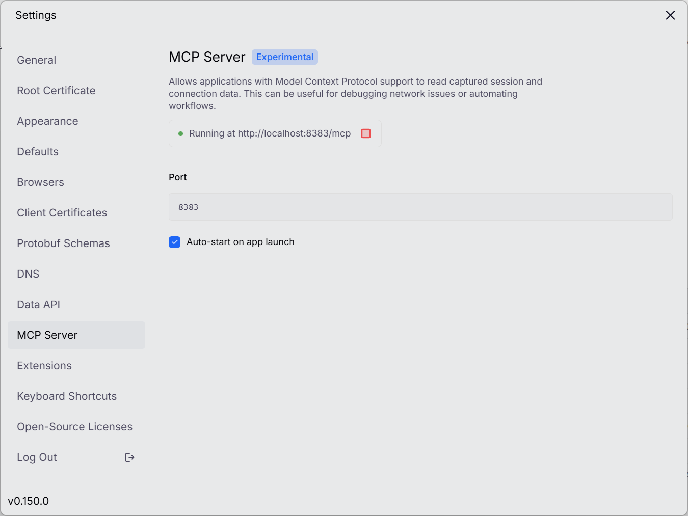 powhttp's MCP Server settings, running at localhost:8383/mcp with auto-start enabled.
