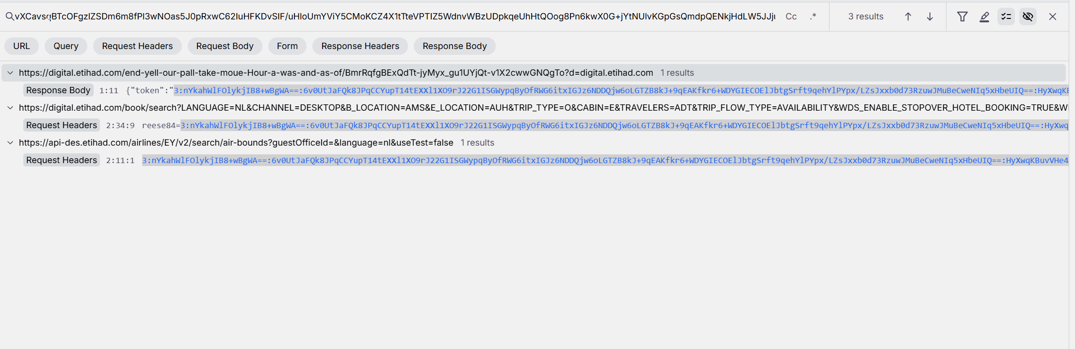 Searching the session for the x-d-token value to find the request that set it.